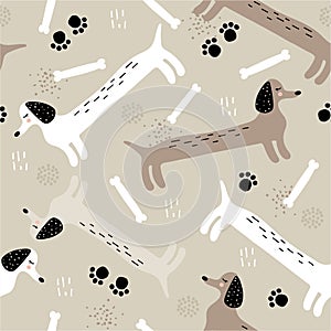 Colorful seamless pattern with happy dogs. Decorative cute background with funny animals, woof. Bones, paw prints