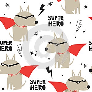 Colorful seamless pattern with happy dogs. Decorative cute background, funny animals. Woof. Super hero