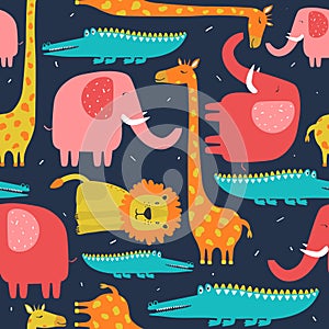 Colorful seamless pattern, happy elephants, crocodiles, lions, giraffes. Decorative cute background with animals