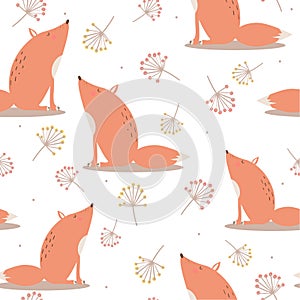 Colorful seamless pattern with happy foxes, flowers. Decorative cute background with funny animals