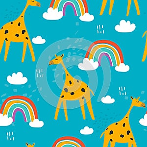 Colorful seamless pattern with happy giraffes, rainbow. Decorative cute background with funny animals, sky