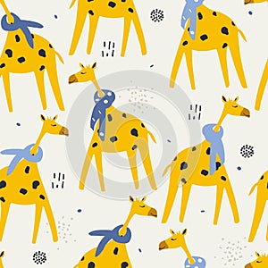 Colorful seamless pattern with happy giraffes in scarves. Decorative cute background with funny animals