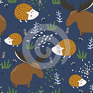 Colorful seamless pattern with happy hedgehogs, deers. Decorative cute backgroud with funny animals, garden