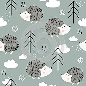 Colorful seamless pattern with happy hedgehogs, fir trees. Decorative cute background with funny animals, forest