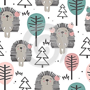 Colorful seamless pattern with happy hedgehogs, trees. Decorative cute background with animals, forest