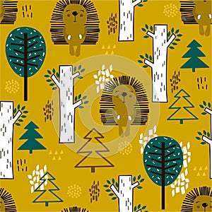 Colorful seamless pattern with happy hedgehogs, trees. Decorative cute background with funny animals, forest