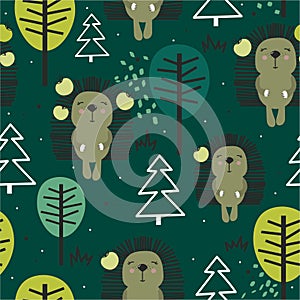 Colorful seamless pattern with happy hedgehogs, trees. Decorative cute background with funny animals, forest