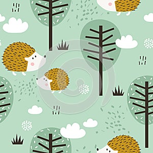 Colorful seamless pattern with happy hedgehogs, trees. Decorative cute background with funny animals, forest