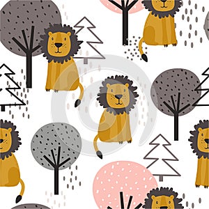 Colorful seamless pattern with happy lions, fir trees, trees. Decorative cute background with funny animals, forest