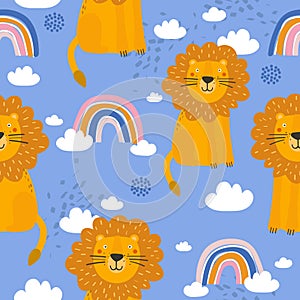 Colorful seamless pattern with happy lions, rainbow. Decorative cute background with funny animals, sky