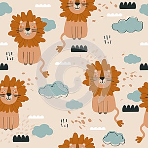 Colorful seamless pattern with happy lions, sky. Decorative cute background with funny animals, clouds