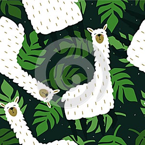 Colorful seamless pattern with happy llamas, palm leaves. Decorative cute background with funny animals, garden