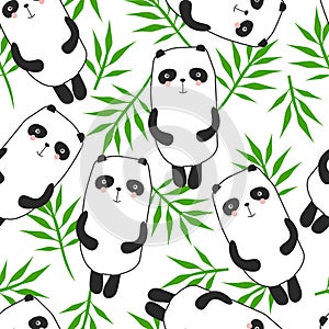 Colorful seamless pattern with happy pandas, bamboo leaves. Decorative cute background with funny animals, foliage