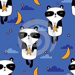 Colorful seamless pattern with happy pandas, moon, stars. Decorative cute background with animals, night sky