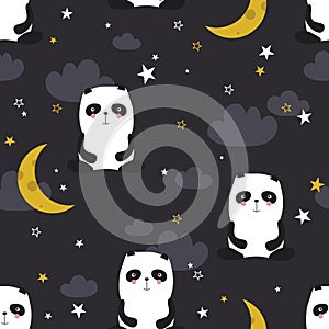 Colorful seamless pattern with happy pandas, moon, stars. Decorative cute background with funny animals, night sky