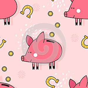 Colorful seamless pattern with happy pigs, coins, horseshoes. Decorative cute background, funny animals