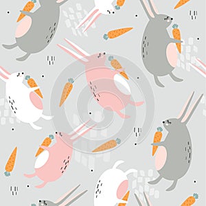 Colorful seamless pattern with happy rabbits with carrots. Decorative cute background with animals, food