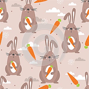 Colorful seamless pattern with happy rabbits with carrots. Decorative cute background with animals, food, sky