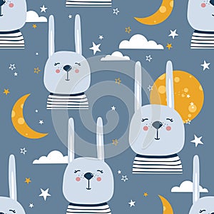 Colorful seamless pattern with happy rabbits, moon, stars. Decorative cute background with animals. Good night