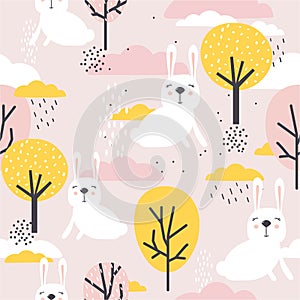 Colorful seamless pattern, happy rabbits, trees and clouds. Decorative cute background with animals and forest