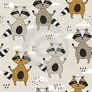 Colorful seamless pattern with happy raccoons. Decorative cute background with funny animals