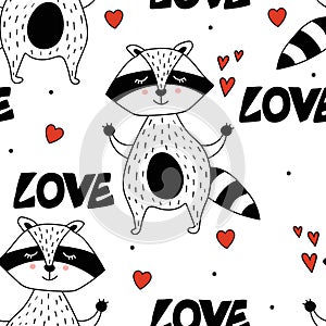 Colorful seamless pattern with happy raccoons, hearts. Decorative cute background, funny animals. Love