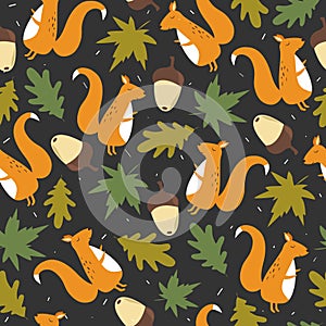 Colorful seamless pattern with happy squirrels, acorns, leaves. Decorative cute background with animals, forest