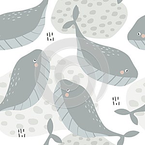 Colorful seamless pattern with happy whales. Decorative cute background, funny animals