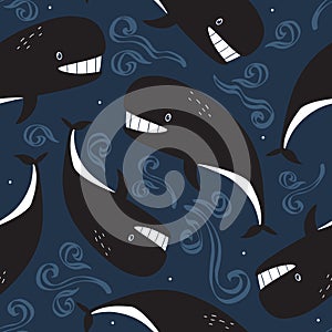 Colorful seamless pattern with happy whales. Decorative cute background