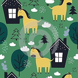 Colorful seamless pattern, horses, houses, fir trees and trees. Decorative cute background, funny animals, forest
