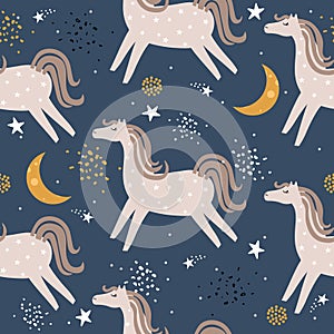 Colorful seamless pattern with horses, moon, stars. Decorative cute background with animals, night sky