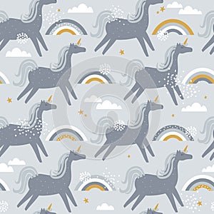 Colorful seamless pattern with horses - unicorns, rainbow, sky. Decorative cute background with funny animals