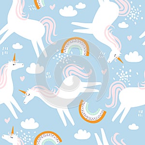 Colorful seamless pattern with horses - unicorns, rainbow, sky. Decorative cute background with funny animals