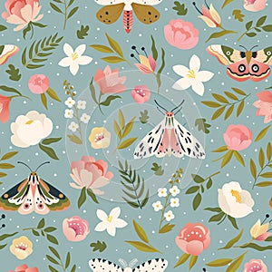 Colorful seamless pattern with insects and flowers. Butterfly design.