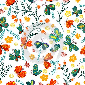 Cute background butterflies and flowers seamless pattern. Vector illustration. Summer floral repeat background for