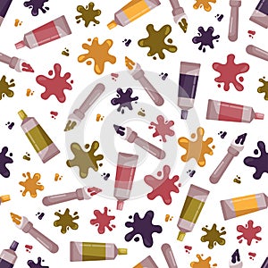 Colorful seamless pattern for kids design. Tube of paint, blots and brushes