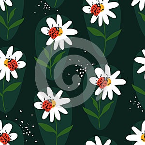 Colorful seamless pattern with ladybugs and flowers. Decorative cute background, funny insects and garden