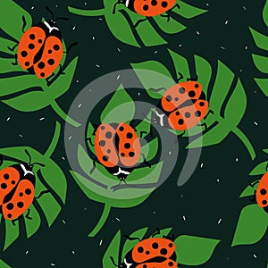 Colorful seamless pattern, ladybugs and palm leaves. Decorative cute background, funny insects