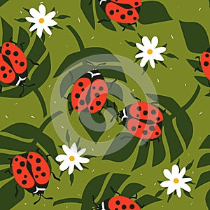 Colorful seamless pattern, ladybugs, palm leaves, flowers. Decorative cute background, insects, garden