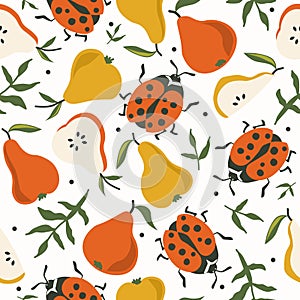 Colorful seamless pattern, ladybugs, pears, leaves. Decorative cute background, funny insects, fruits