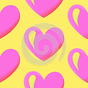 Colorful seamless pattern with large pink heart shapes on a bright yellow background for Valentine's Day