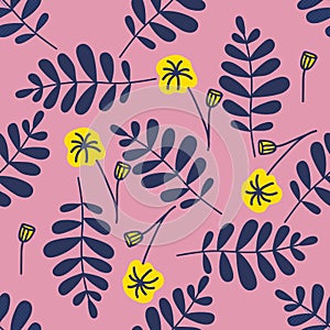 Colorful seamless pattern leaves in modern style on pink background. Vintage vector botanical illustration. Seamless