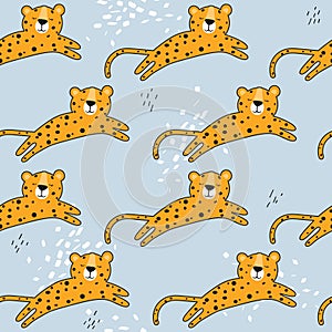 Colorful seamless pattern with leopards. Decorative cute background with funny animals