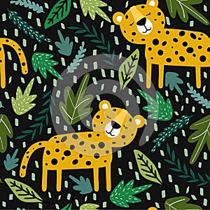 Colorful seamless pattern with leopards, leaves. Decorative cute background with funny animals