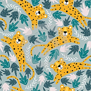 Colorful seamless pattern with leopards, leaves. Decorative cute background with funny animals