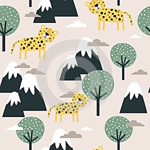 Colorful seamless pattern, leopards, mountains and trees. Decorative cute background with animals, forest