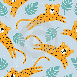 Colorful seamless pattern with leopards, palm leaves. Decorative cute background with funny animals