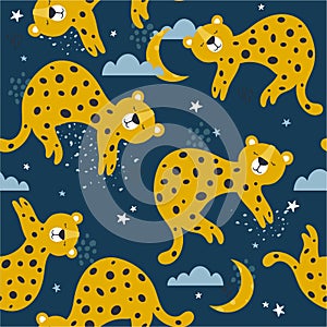 Colorful seamless pattern with leopards, stars, clouds. Decorative cute background with animals, night sky