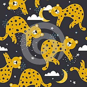 Colorful seamless pattern with leopards, stars, clouds. Decorative cute background with animals, night sky