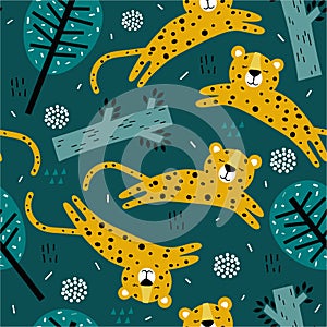 Colorful seamless pattern with leopards, trees. Decorative cute background with animals, forest